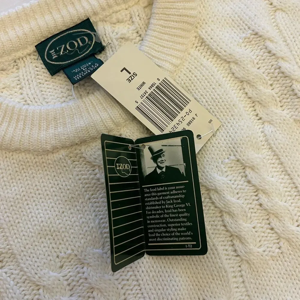 Vintage IZOD Cream Cable Knit Sweater | Large | 100% Cotton Crew Neck